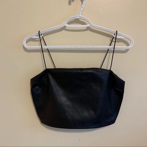 Black Faux Leather Cropped Top with corded Straps and Gold zippered Back